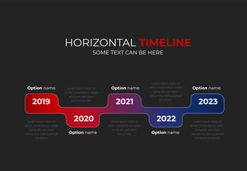 Obraz premium Horizontal timeline layout with annual values, red and blue design element for infographics visualization, dark background with business design