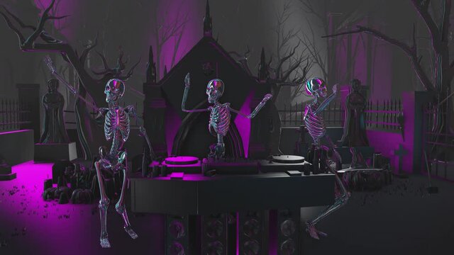 Seamless animation of a glowing skeleton dancing salsa in a cemetery at night. Funny halloween background  with neon flare.