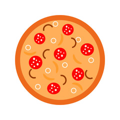 Round Italian thin pizza isolated on white background. Delicious topical fast food. Vector graphics.