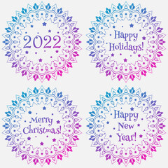 Set of Christmas and new year decoration mandala with number 2022 and greetings