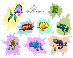 Colorful chameleon sitting on the branch on white background, drawing illustration, Illustration of chameleon in different situations © Ірина Горбаченко