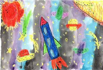 Watercolor children drawing space planet rocket