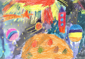 Watercolor children drawing space planet rocket