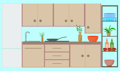 Kitchen set. Cabinets, refrigerator, shelf with utensils. Kitchen utensils and items. Decor. Indoor flowers. Home interior.