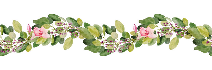 Seamless border with a watercolor illustration of a branch and round eucalyptus leaves with magnolia flowers. The watercolor pattern of the eucalyptus branch is hand-drawn in a seamless border.