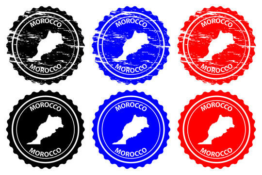 Morocco - rubber stamp - vector, Kingdom of Morocco map pattern - sticker - black, blue and red