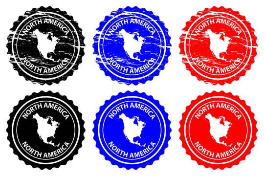 North America - rubber stamp - vector, North America continent map pattern - sticker - black, blue and red