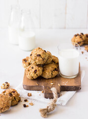 oatmeal cookies and milk on a white background. healthy food for baby breakfast