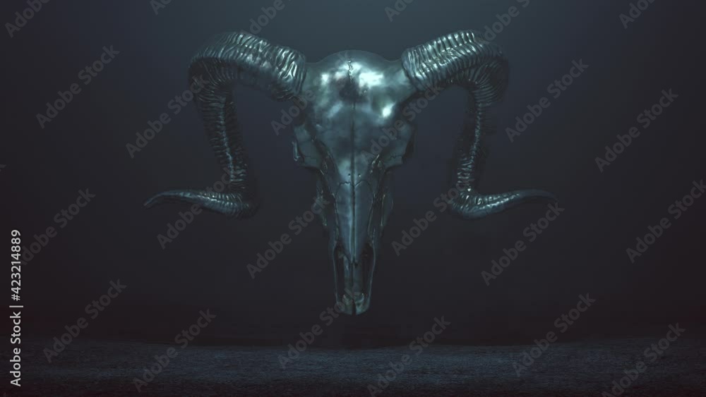 Poster floating evil silver ram skull in a foggy void 3d illustration animation