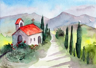 Foto op Canvas Watercolor illustration of a Tuscan landscape with distant mountains, a country road leading to a small chapel  surrounded by cypress trees © Мария Тарасова