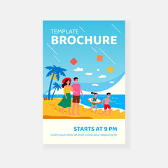 Happy parents couple and kids spending summer vacation by seaside. Family with children in swimsuits walking on sea beach. For travel, leisure time, outdoor activity, holiday concept