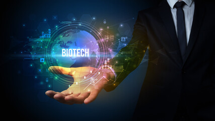 Elegant hand holding technology-related inscription