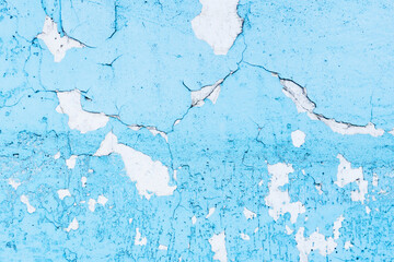 Blue paint cracks background. Scratched lines texture. White grunge concrete wall pattern for graphic design. Peel paint crack. Weathered rustic surface. Dry peeling paint backdrop.