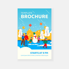 People spending leisure time in park, Family couple and kids enjoying outdoor winter activities, making snowman, skiing, walking. Vector illustration for city park, active lifestyle, vacation concept