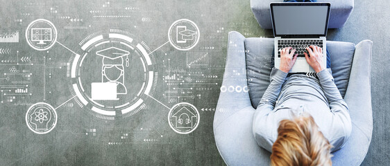 Distance learning theme with man using a laptop