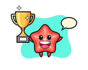 Cartoon Illustration of starfish is happy holding up the golden trophy