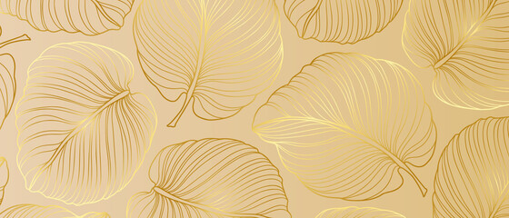 Luxury golden wallpaper. Floral pattern with gold leaves. Vector background with nature elements in line art style.