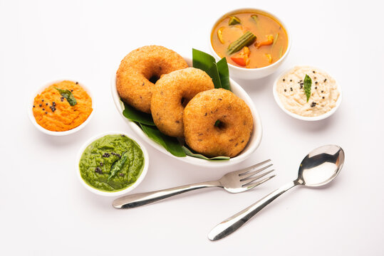 Medu Vada or sambar vada, a popular South Indian food served with different chutney