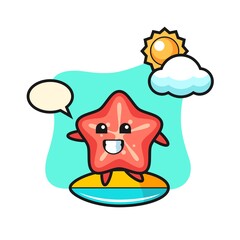 Illustration of starfish cartoon do surfing on the beach