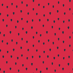 Cute seamless watermelon pattern with random seeds on red background. Seed shaped dots. Trendy colors. Vector pattern for wrapping paper, package, fabric print, kids textile and other.