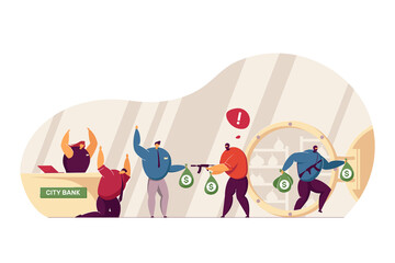 Bank robbery by masked criminals with guns. Armed man in mask threatening employees, worker giving bag of money with dollar sign, robber stealing bag from storage. Bank robbery, poor security concept