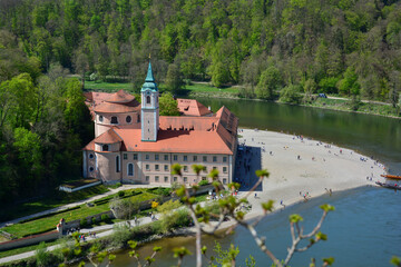Fototapeta na wymiar Weltenburg monastery on the Danube with panoramic view from the Danube Gorge in summer, Kehlheim, Bavaria, Germany