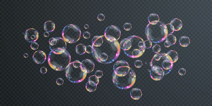 Collection of realistic soap bubbles. Bubbles are located on a transparent background. Vector flying soap bubbles.  Bubble PNG. Water glass bubble realistic png	