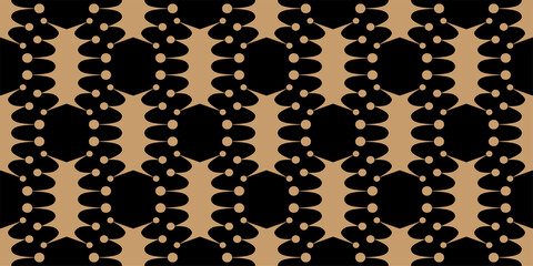 Abstract background pattern with gold ornaments on a black background, seamless. Vector graphics
