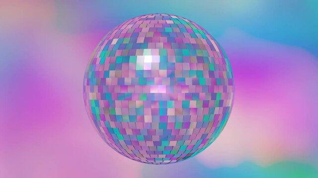 Abstract mirrored oscillating glitterball suspended within a flowing spectrum vaporwave gradient, trendy colorful seamless 4K video loop in pastel neon colour