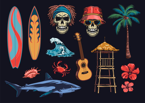 Vintage Hawaii club colored elements set. Signs of surfing board, skulls, guitar and palm tree isolated on black background vector illustration collection. Sea and summer vacation concept © Bro Vector