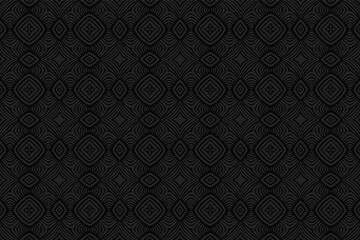 Geometric 3D black background. Convex volumetric decorative texture. Ethnic pattern with the national flavor of the countries of India, with elements of doodling.