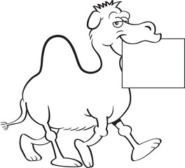Black and white illustration of a camel walking while holding a sign in it's mouth.