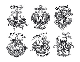Vintage badges with octopus and anchor vector illustration set. Monochrome labels with marine creature with tentacles. Underwater wildlife and sea concept can be used for retro template