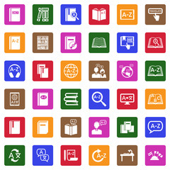 Dictionary Icons. White Flat Design In Square. Vector Illustration.