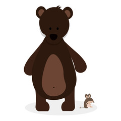 Dark brown bear stands with a mouse