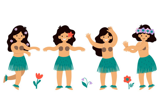 Set of Hawaiian girls dancing hula isolated on white background. Vector graphics.