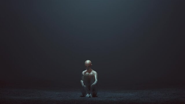 Evil Spirit Sitting Down with Knees Up in a Foggy Void Side 3d Illustration animation
