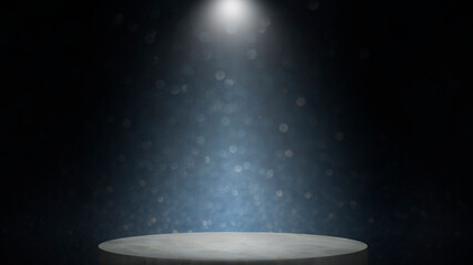 Empty dark bokeh background product stage on white marble and studio room with smoke float up interior texture for display products wall background.