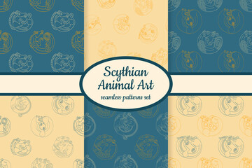 Collection of seamless patterns with ancient Scythian art and animal motifs designed for web, fabric, paper and all prints 