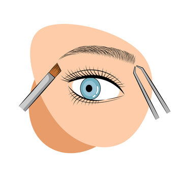 Illustration for the brow master. Illustration depicting eyebrows, eyes, brushes, tweezers on a beige cloud