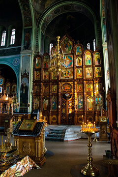 Icons in the Orthodox church and many candles.