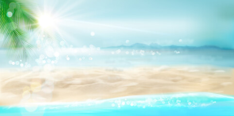 Waves on the seashore. Empty sandy beach in summer. Sunrise over the sea. Vector illustration.