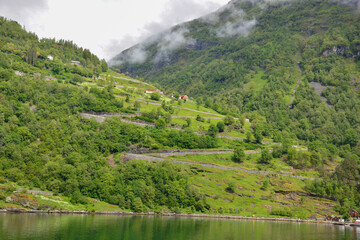 Geiranger fjord overlooking the Eagle Road pass road in Norway