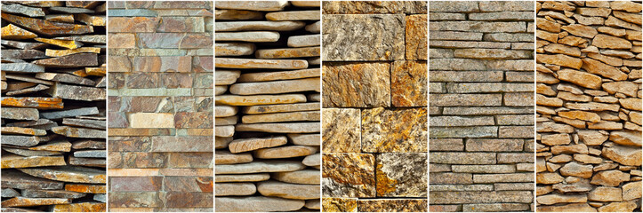 Texture of brick wall and concrete blocks. Samples of stone plates stacked evenly in a row. Collage of different types of fences. Decorative walls are different in color and shape.