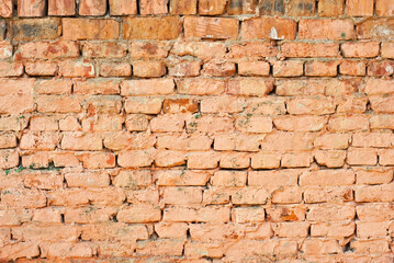 Texture of brick wall. Samples of wall or fence are presented at exhibitions. Orange brick close up.