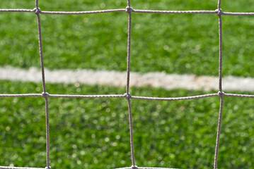 Soccer field texture close up. Grass in the stadium. Straight lines are drawn in white paint. Restricted zones at the stadium. Soccer goal is woven from laces. Sharpness on the laces.