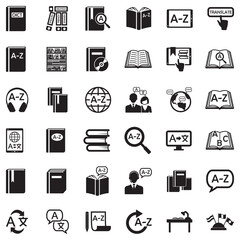 Dictionary Icons. Black Flat Design. Vector Illustration.