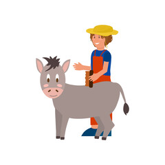 Farm animals with a farmer. Vector animal characters with a man in the flat style. A girl takes care of a Donkey. A postcard with livestock and people. Vector illustration
