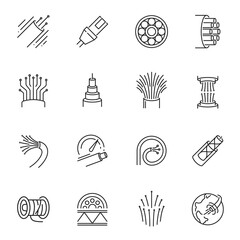 Fibre cable thin line icons set isolated on white. Electrical wires pictograms collection.