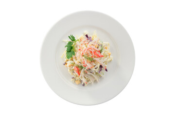 Seafood salad with crab and cabbage isolated on white background